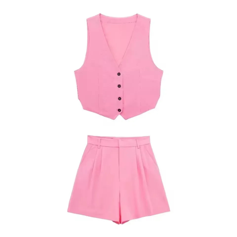 HH Women Solid Casual 2 Piece Set V Neck Single Breasted Vest Top High Waist Slim Shorts Female Casual Office Lady Daily Wear
