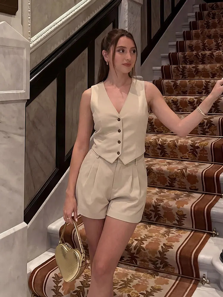 HH Women Solid Casual 2 Piece Set V Neck Single Breasted Vest Top High Waist Slim Shorts Female Casual Office Lady Daily Wear