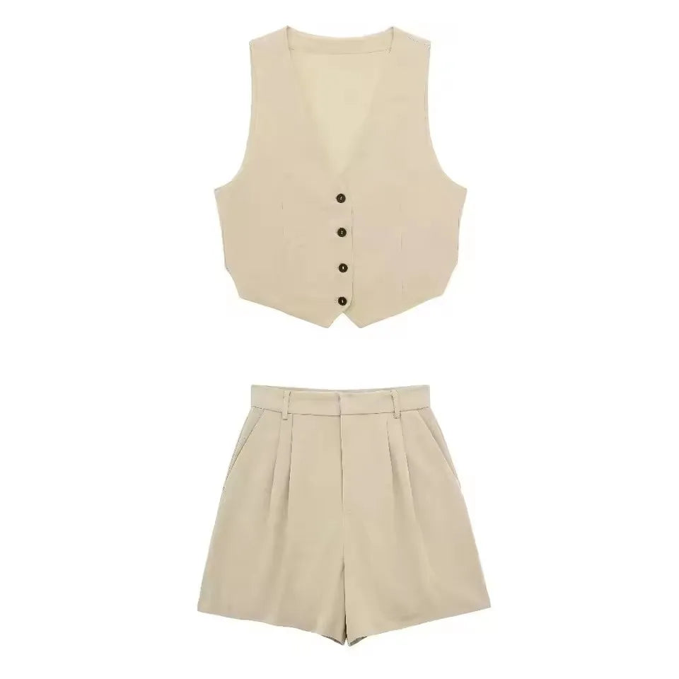 HH Women Solid Casual 2 Piece Set V Neck Single Breasted Vest Top High Waist Slim Shorts Female Casual Office Lady Daily Wear